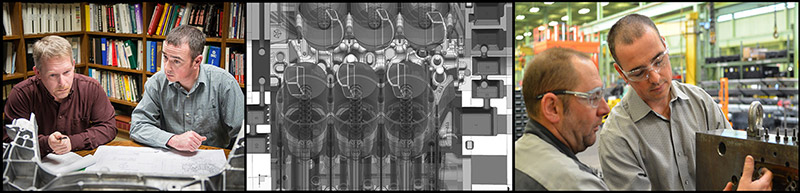 Exco team collaborating while researching and in a factory facility.